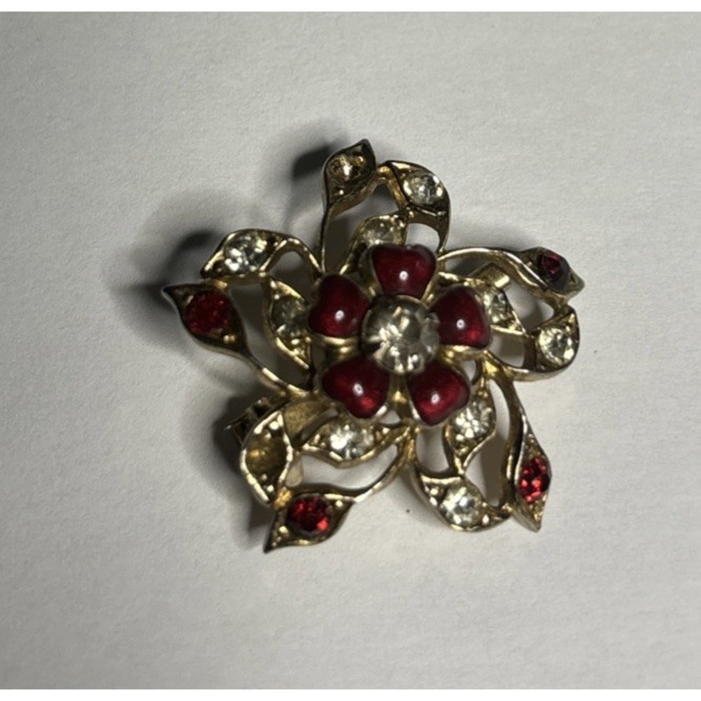 Vintage Coro Red & Clear Rhinestone Flower Scatter Brooch 1" 1950s–60s